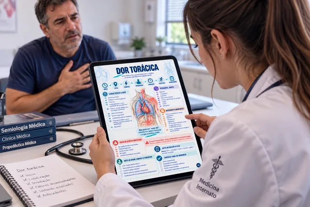 Estudante consultando o roteiro de anamnese no tablet